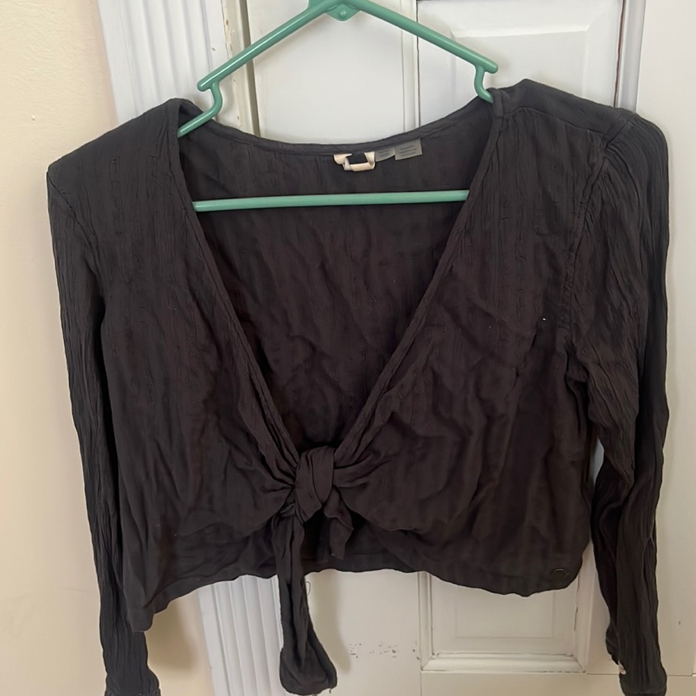 Hailey Bieber x ROXY navy blue tie in front long sleeve crop top